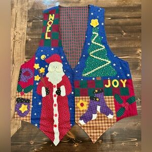 Festive Folk‎ Art Christmas Vest with Plaid Lining EUC